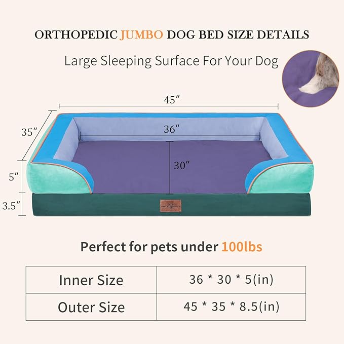 Comfort Expression Orthopedic Dog Bed for Extra Large Dogs 45x35 Inch, Waterproof Egg Crate Foam XL Pet Bed with Removable Bolsters, Dog Couch with Washable Cover & Non-Slip Bottom, Violet Tide