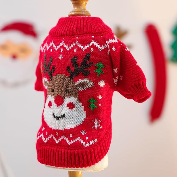 Christmas Dog Outfit Red Puppy Sweater for Small Dogs Girl Boy Elk Snowflake Cat Knitwear Reindeer Knitted Pet Clothes Santa Deer Costume for Chihuahua Yorkie Poodle (Red-2, X-Small)