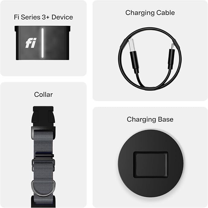 New Fi Series 3+ Smart Dog Tracker Collar [6 Month Membership Included] GPS Tracker for Dogs with Health & Behavior Monitoring, Escape Alerts, Waterproof, LED, Apple Watch Compatible (Gray, Medium)