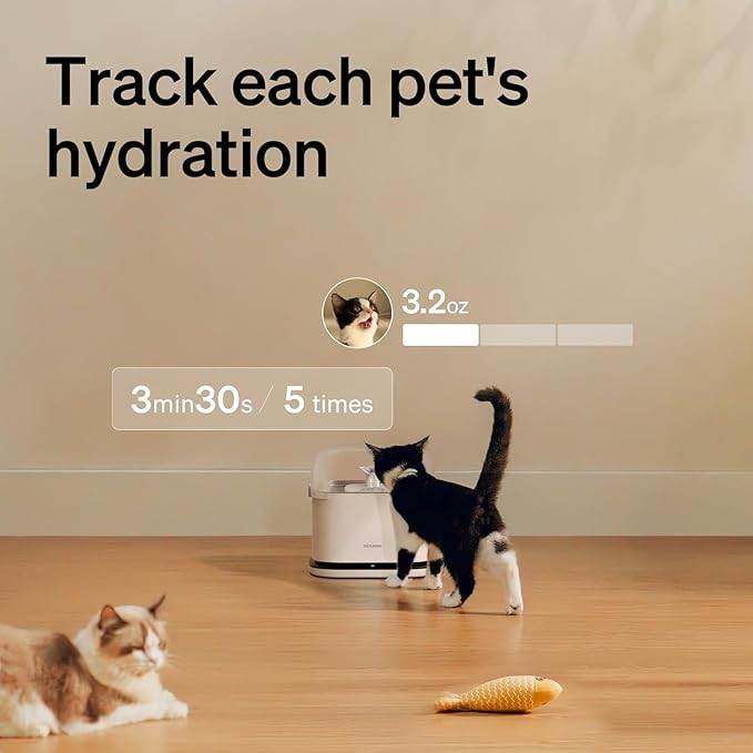 PETLIBRO Cats Water Fountain for Multi Cats, Cat Fountain with RFID Recognition Each Pet, 3L/101oz Pump-Free Cat Water Fountain Stainless Steel Tray, 2.4G Wi-Fi APP Pet Water Fountain x2 Collar Tags