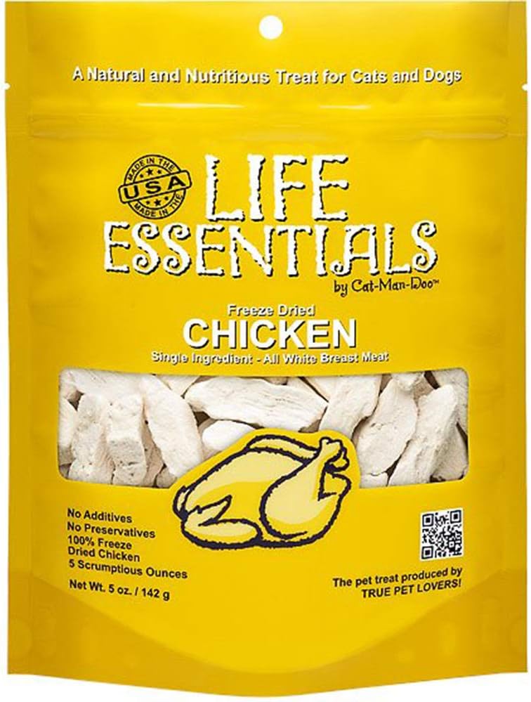 Life Essentials by Cat-Man-Doo | Chicken - 5oz. Bag | Freeze Dried Chicken Cat & Dog Treats | Healthy, Single Ingredient, Training Treats, High Protein | Cooked & Freeze-Dried White Chicken Breast Meat, Healthy Chicken Cat Treats & Dog Treats, High