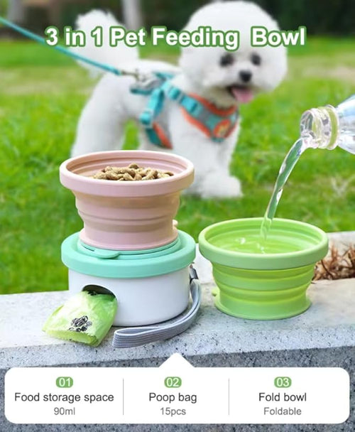 3 in 1 Collapsible Dog Bowl, Treat Container, Poop Bag Holder with 1 Roll Poop Bags – Practical Silicone Dog Bowl – Durable Pet Bowls for Travel Essentials, Daily Walks (Dyer Blue)