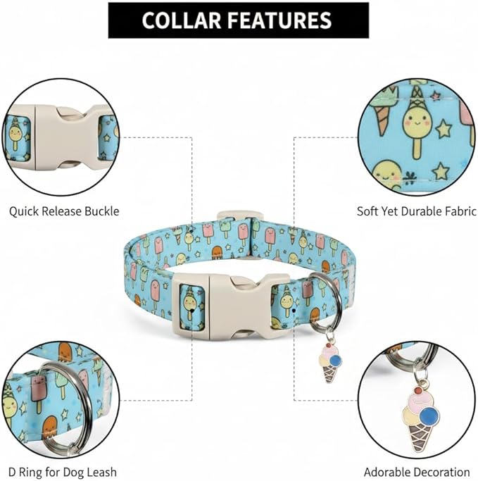 Blue Dog Collar for Large Dogs, Boy Girl Dog Collar with Ice Cream Pattern for Spring Summer, Breathable Adjustable Large Collars for Male Female Dogs, L