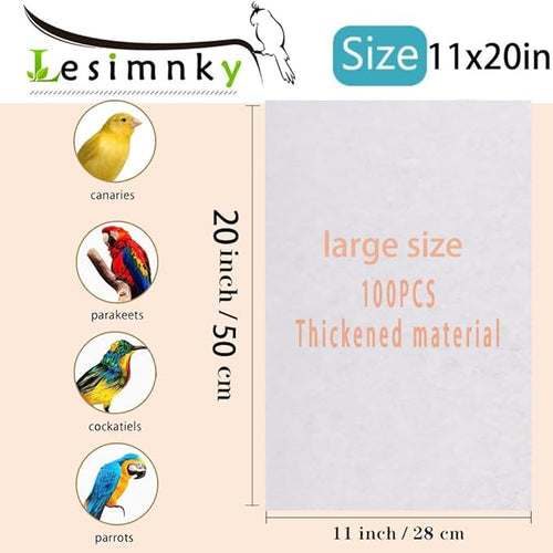 100pcs Bird Cage Liner Papers,11×20in Big Size Disposable Non-Woven Cage Paper Liners Precut Absorbent Cushion Pad Mat Accessories for Pet Bird Parrot