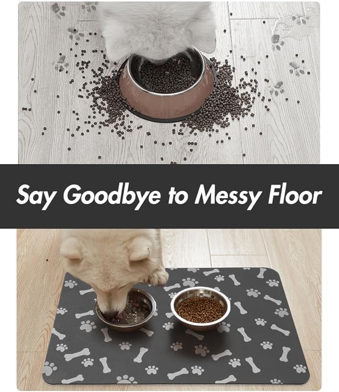 MontVoo Dog Food Mat-Pet Feeding Mat for Food and Water-No Stains Quick Dry Dispenser Cat Bowl Mat for Messy Drinkers(17"x34" Dark Grey)