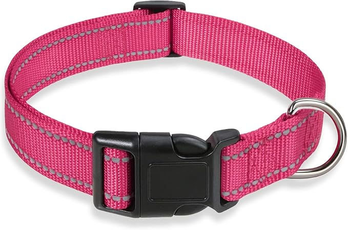 Reflective Dog Collar with Buckle Adjustable Safety Nylon Collars for Small Medium Large Dogs, Pink M