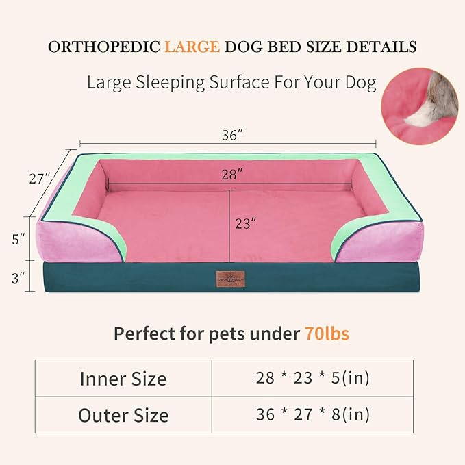 Comfort Expression Orthopedic Dog Bed for Large Dogs 36x27 Inch, Waterproof Egg Crate Foam Large Pet Bed with Removable Bolsters, Dog Couch with Washable Cover & Non-Slip Bottom, Mint-Berry Dream