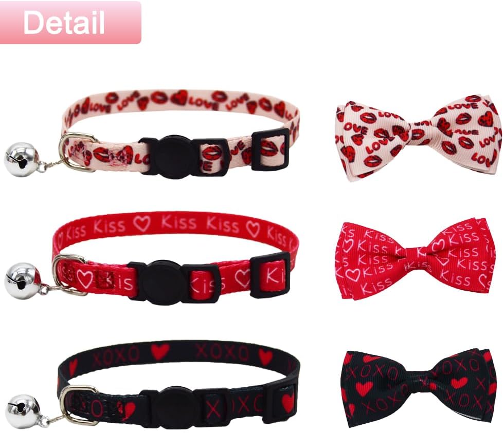 3PCS Valentines Day Cat Collar with Bow Tie and Bell Heart Love Red Lips Kiss XOXO Pattern for Small Medium Large Kitten Black Pink and Red
