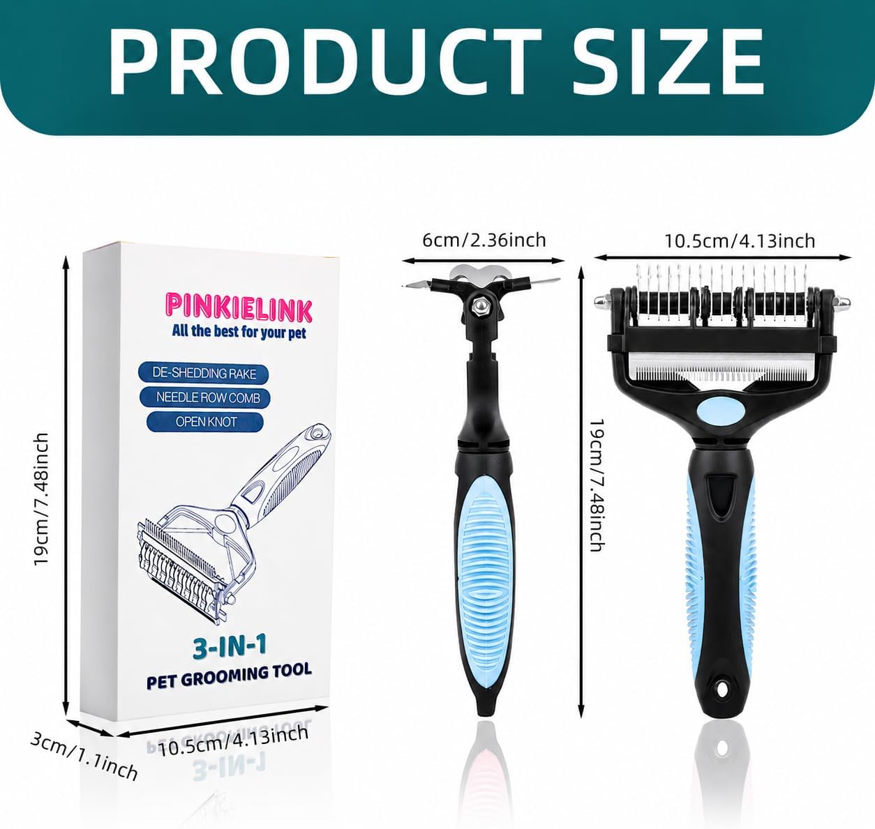 3-IN-1 Pet Grooming Tool - Undercoat Rake, Dematting Comb & Deshedding Brush for Cats, Dogs, Horses - Removes Mats, Tangles & Loose Fur, Reduces Shedding & Prevents Hair Mess (Blue)