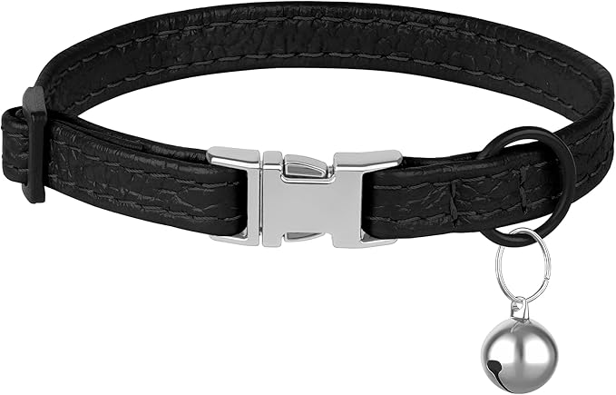 Leather Cat Collar with Buckle and Removable Bell - Non Breakaway Adjustable Soft Safety Small Pet Collars for Girl Boy Cats Kitten (Black)