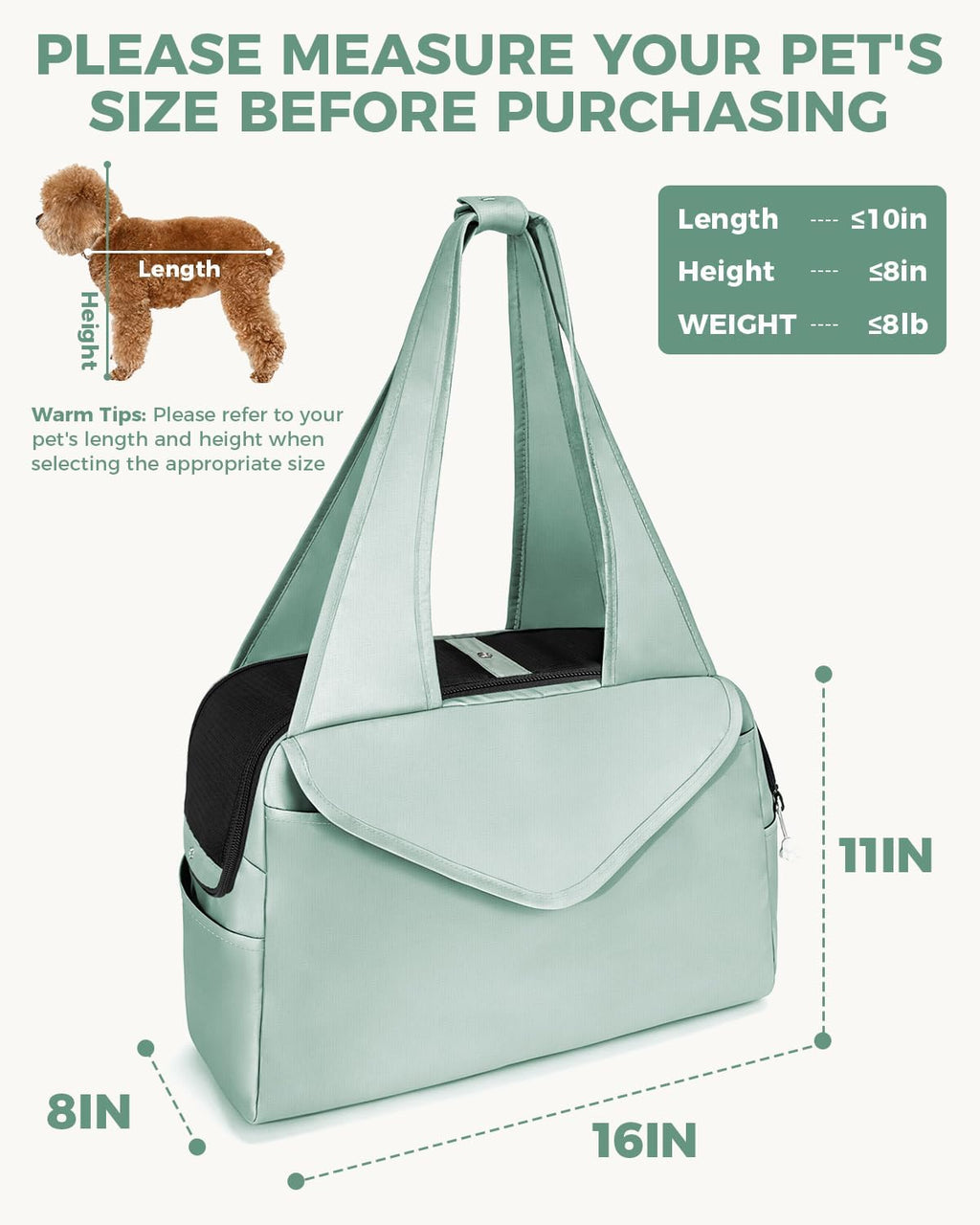 Lightweight Dog Purse with Large Pockets for Small Dogs up to 8 lb | Stylish, Soft-Sided Small Dog Carrier with Safety Buckle and Breathable Anti-Scratch Mesh for Travel, Sage Green