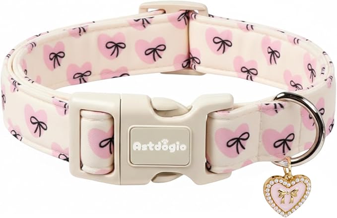 Bow Dog Collar with Pink Heart, Adjustable Cotton Dog Collar for Small Medium Large Dogs, Cute Puppy Collar for Girl Boy Dogs, Ideal for Gifts,Pet Accessory,M