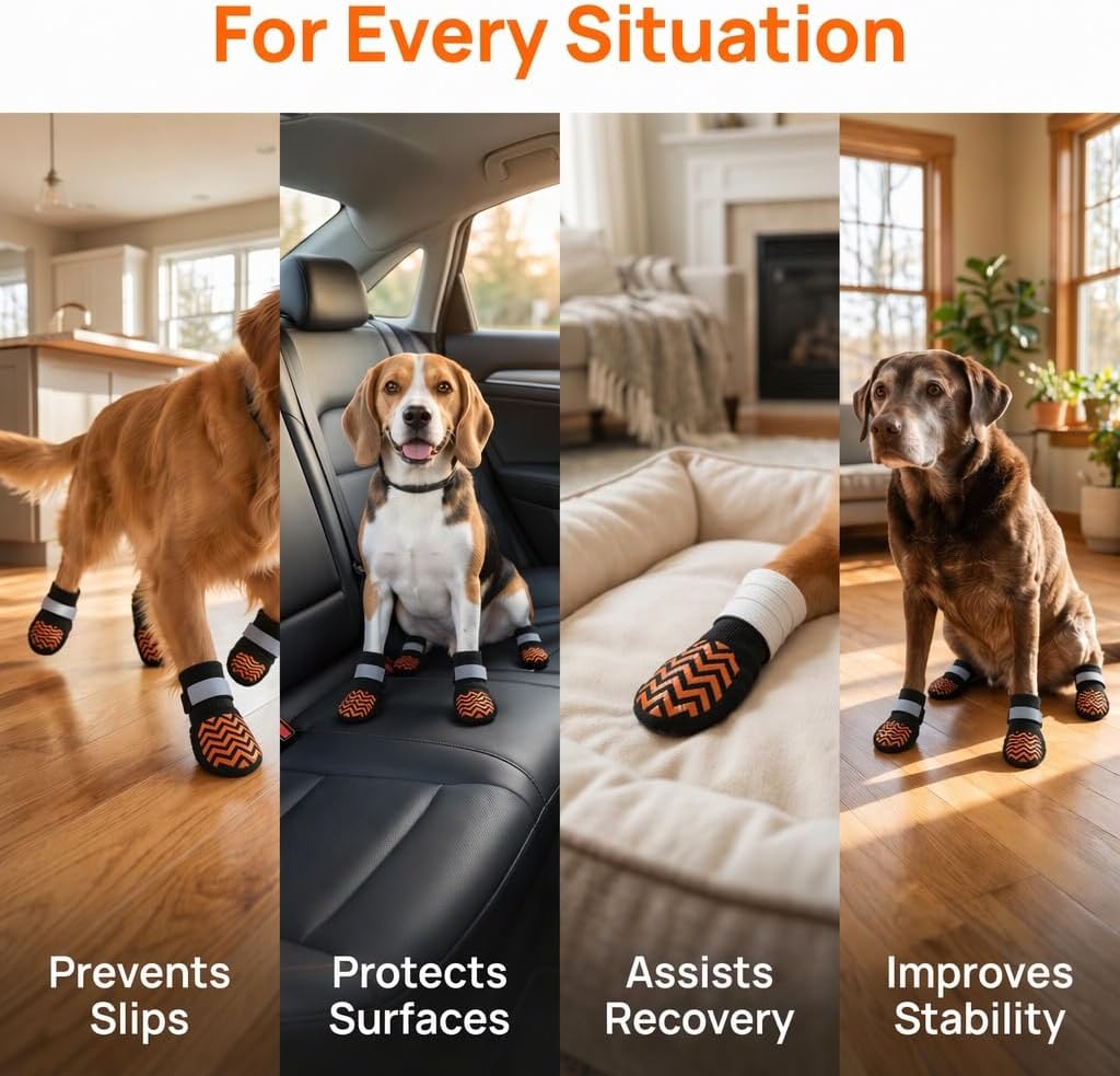 RYNVALE Dog Traction Socks to Prevent Licking and Slipping for Senior Dogs | Non Slip, Heat Insulation and Keep Warm, Paw Protectors Double-Sided Traction, Washable, 4 Pack XS