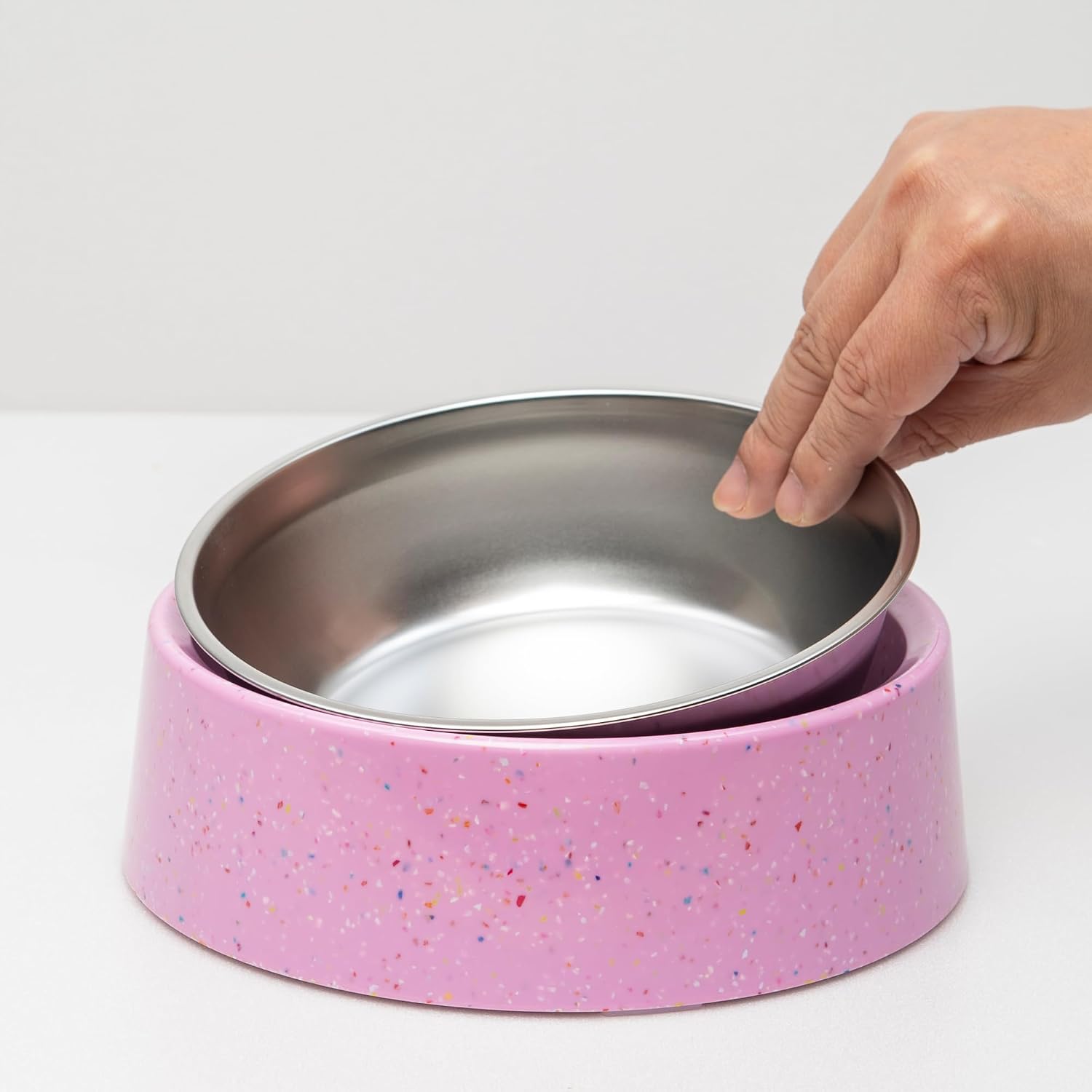 32oz 4CUP Dog & Cat Bowl, Sprinkle Design, Slanted Stainless Steel Pet Bowl with Removable Inner Bowl, Non-Slip Silicone Base, Dishwasher Safe, for Dry/Wet/Raw Food & Water (Pink)
