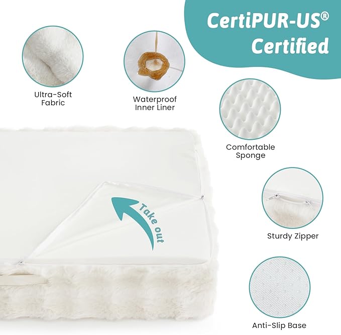 Faux Rabbit Fur Orthopedic Dog Bed, Large Dog Bed, Supportive Foam Pet Sofa with Waterproof Lining Cover, Washable U-Shaped Pet Couch with Anti-Slip Bottom Design, Beige XL 42x30x7 inch