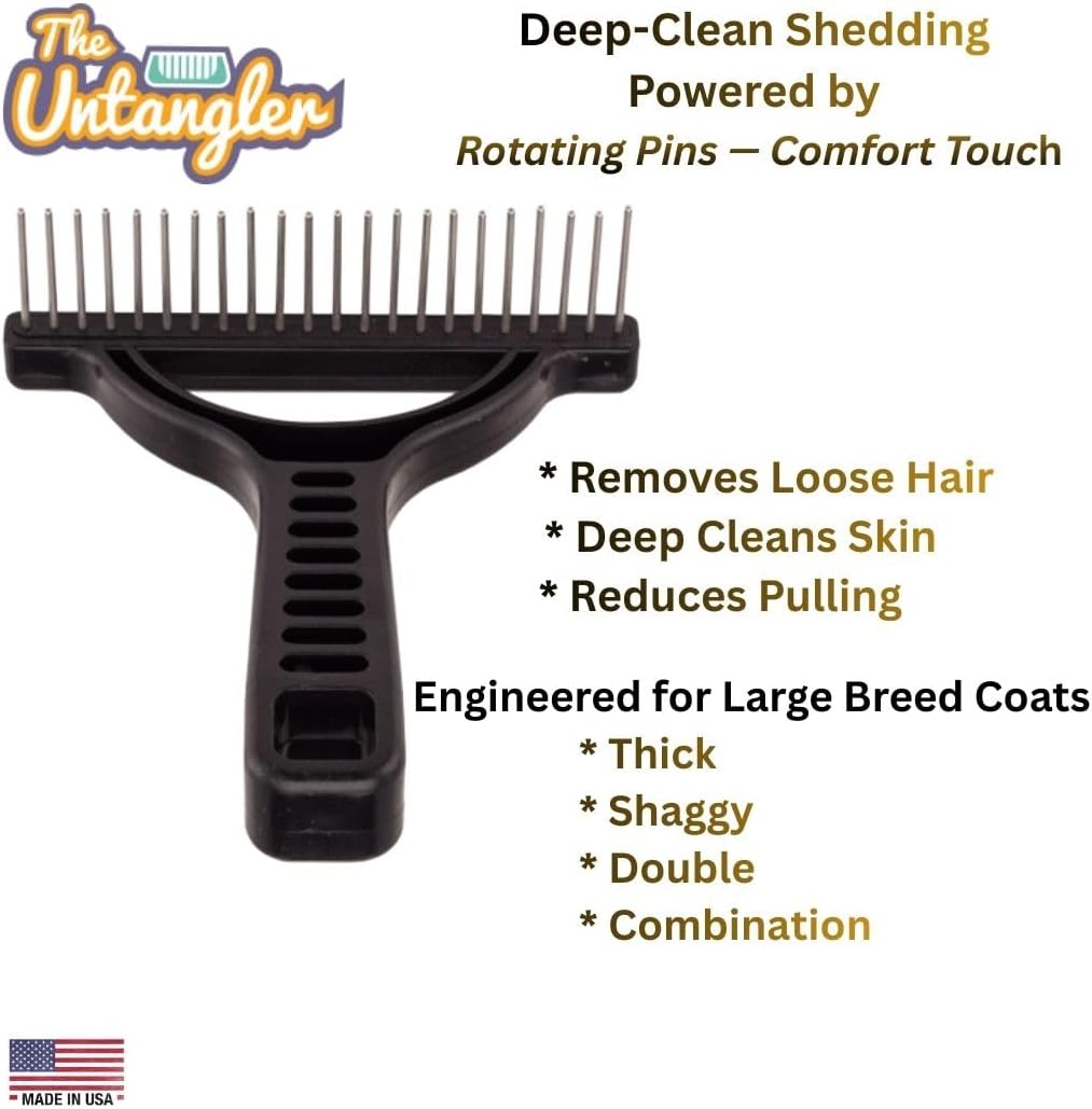 The Untangler Rakes for Grooming and Shedding -silky smooth rotating teeth to easily collect loose hair (Black, Extra-Long)