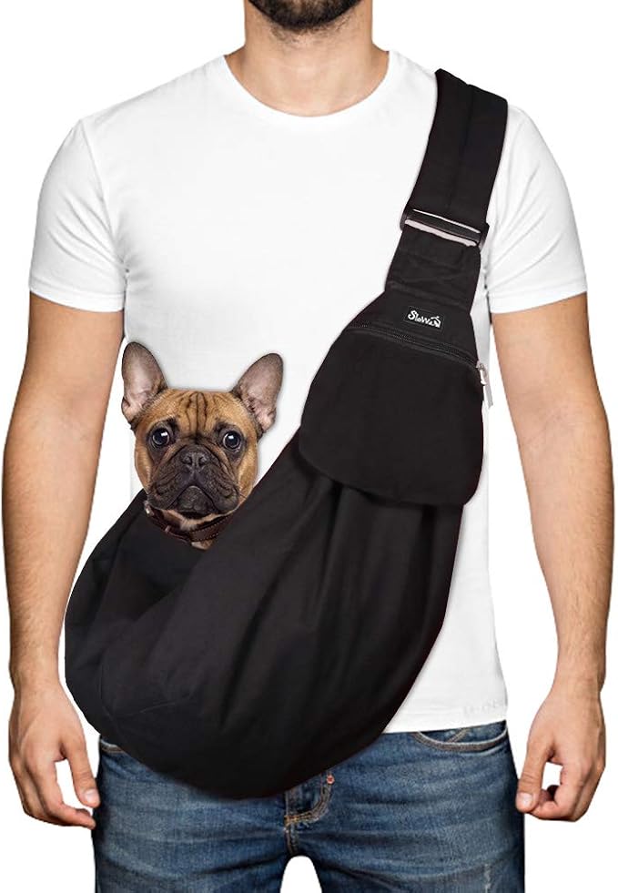 SlowTon Dog Carrier Sling - Thick Padded Shoulder Strap Adjustable Dog Carriers for Small Dogs, Puppy Carrier Purse for Pet Cat with Front Zipper Pocket Safety Belt Machine Washable (Black M)