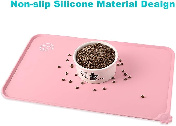Silicone Waterproof Dog Cat Pet Feeding Mats, Non Slip, Easy Clean Pet Dog Cat Bowl Mats Placemat (24" x 16") Pink