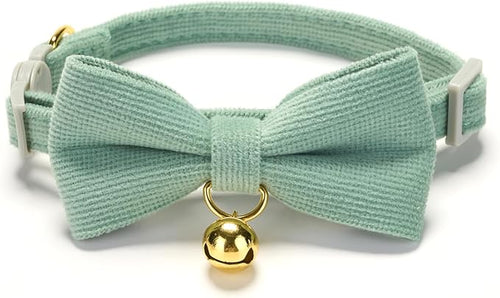 2 Pack Soft Corduroy Cat Collars with Bow Tie & Bell Adjustable Breakaway Bowtie Kitten Collar for Girl Boy Kittens(White & Grass Green)