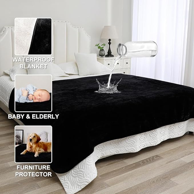 Waterproof Blanket for Couples – Ideal for Couch & Bed Splash Proof Sherpa Throw, Leakproof TPU Layer, Stain Resistant Washable Bed Protector – Black, 80"x60"