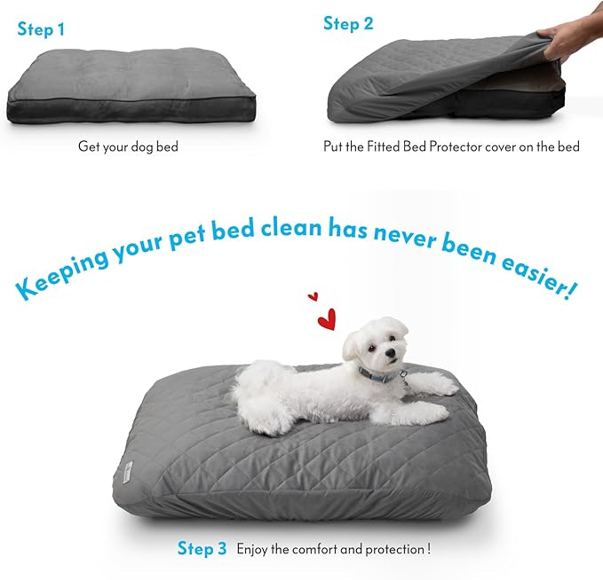 Paw Inspired Waterproof Fitted Cover for Dog Bed | Washable Bed Protector for Dog Mattress | Removable Replacement Cover for Small to Medium Pet Bed (Gray, 34 x 23 x 5 Inch)