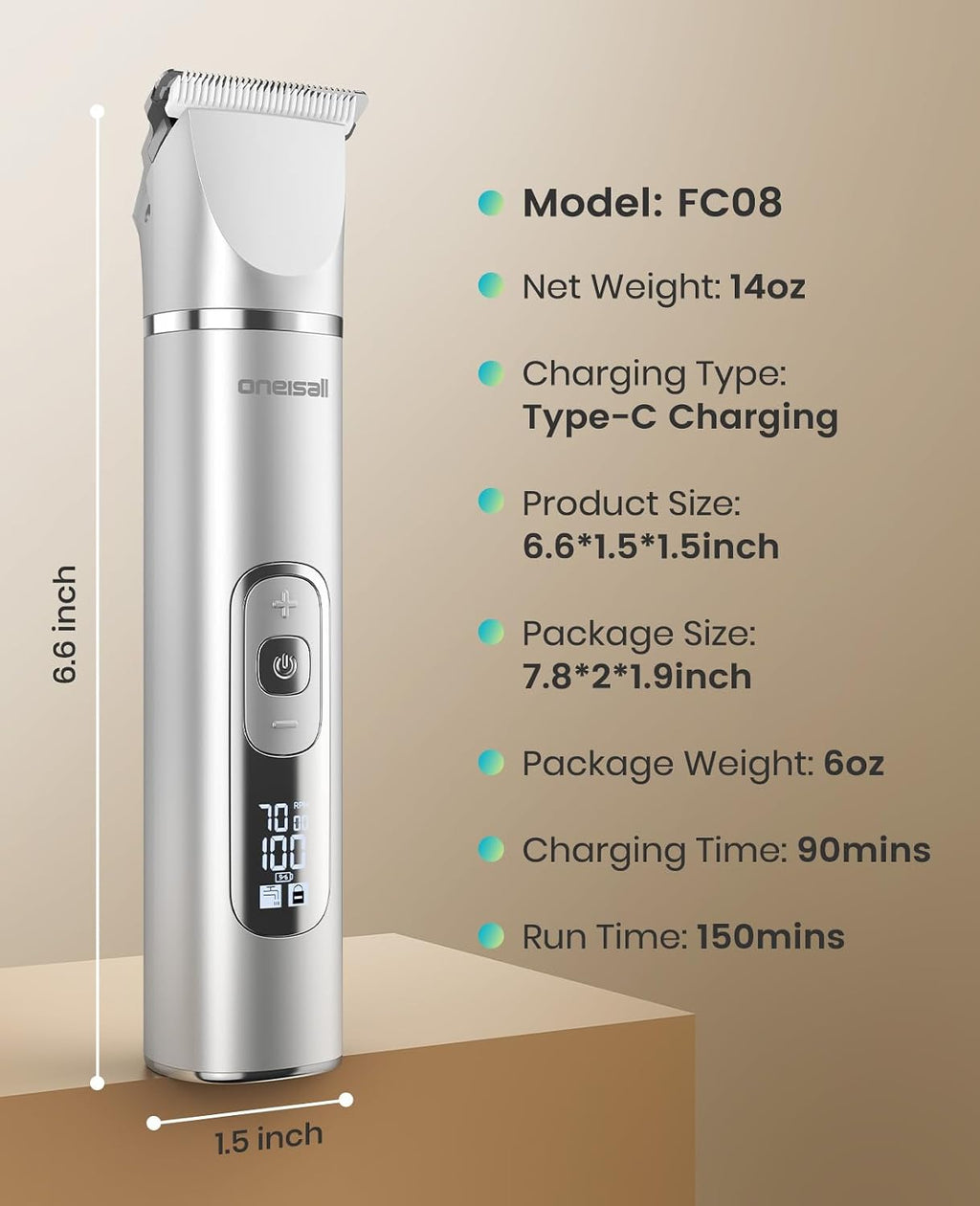 oneisall 4 in 1 Dog Grooming Kit with LCD Display | Paw Hair Trimmer & Nail Grinder, Rechargeable, Cordless, Low Noise, IPX7 Waterproof, 3 Speeds Pet Grooming Clippers