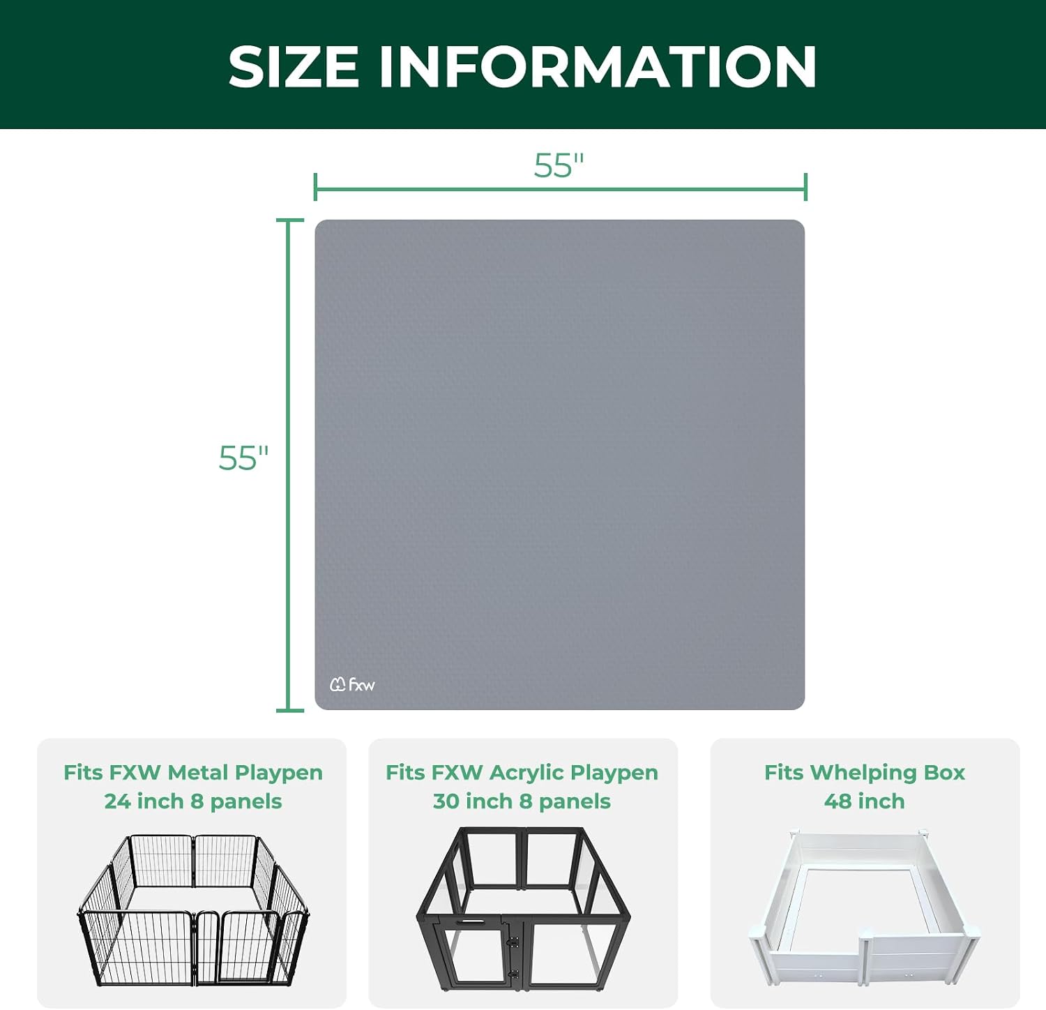 FXW Floor Protector Mat, Waterproof PVC, 55" x 55", Gray | Scratch & Chew Resistant, Quick Rinse Cleanup, Fits 24"H 8-Panel FXW Metal Playpens, Indoor Use
