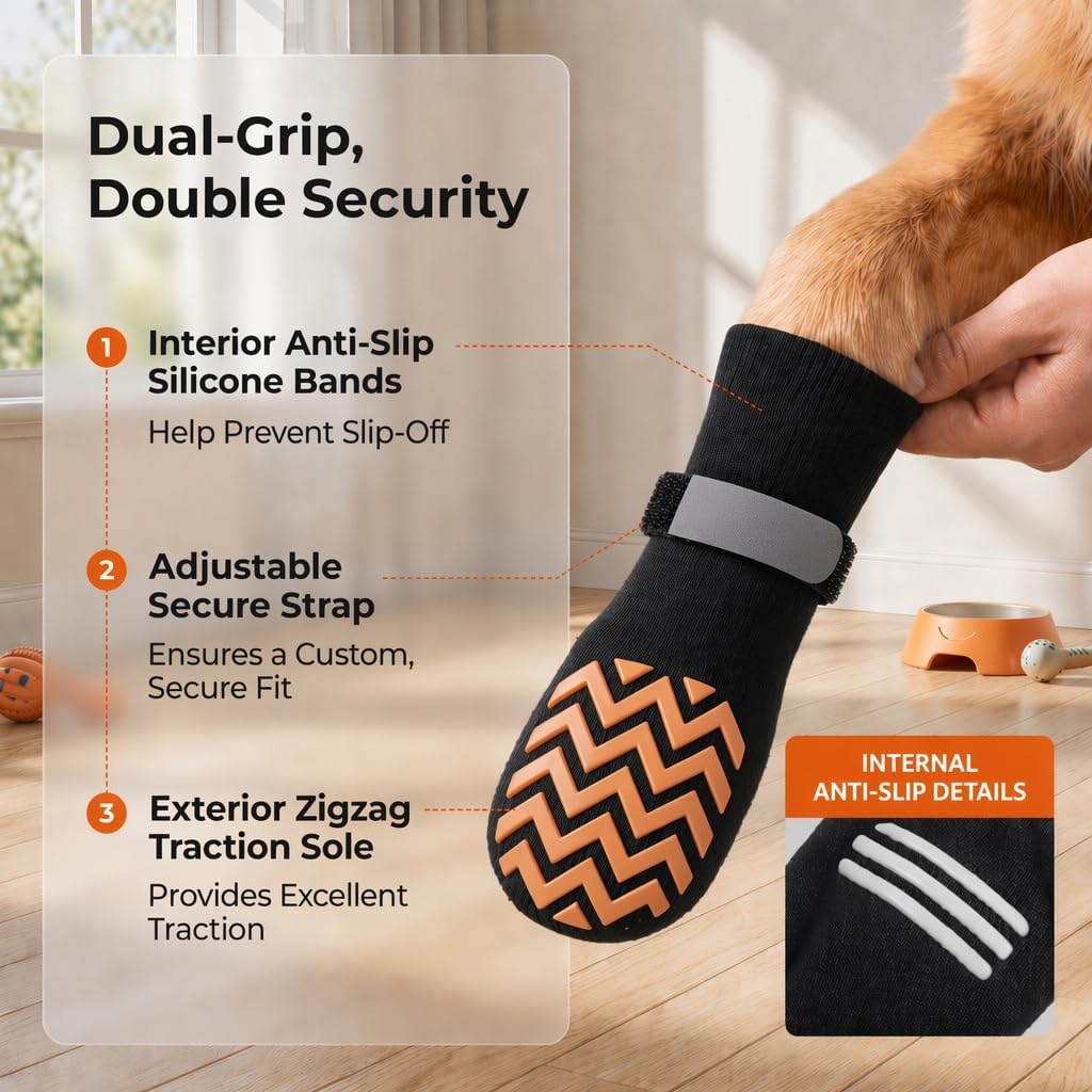 RYNVALE Dog Traction Socks to Prevent Licking and Slipping for Senior Dogs | Non Slip, Heat Insulation and Keep Warm, Paw Protectors Double-Sided Traction, Washable, 4 Pack XS