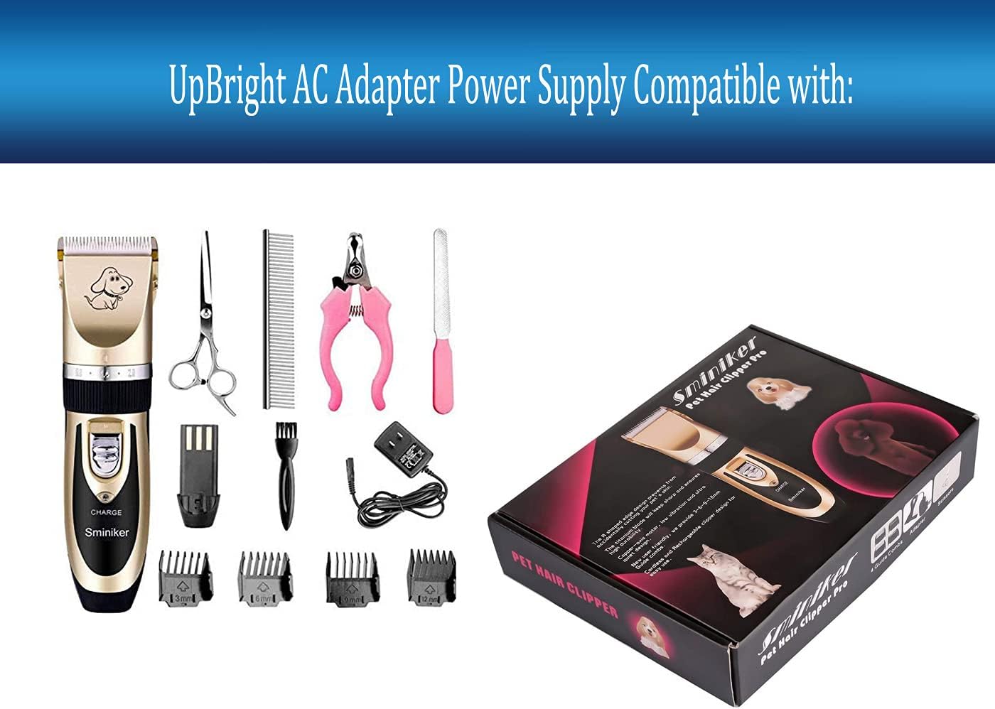 UpBright 2-Prong 5V AC/DC Adapter Compatible with Sminiker Dog Pet Hair Clipper Pro Professional Rechargeable Cordless Low Noise Cat Horse Grooming SMK-002 5VDC 1000mA Power Supply Battery Charger