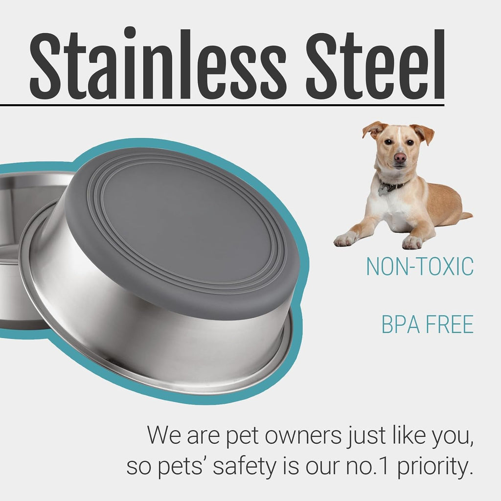 Nonslip Stainless Steel Dog Bowls, 5.7 US Cup, 2 Count | No slide silicone bottom, Dishwasher safe, Easy to clean, Stackable design