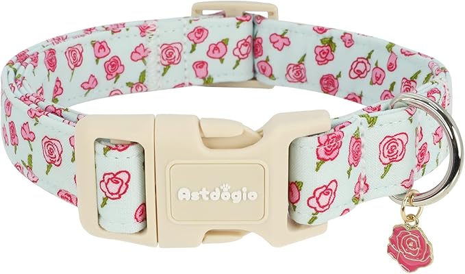Dog Collar for Small Dogs, Spring &Summer Theme Blue Small Dog Collars with Pink Rose Pattern, Adjustable Puppy Dog Collars, Cute Girl or Boy Dog Collar Ideal for Gifts,Pet Accessory