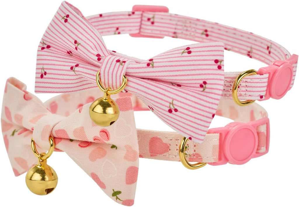 2 Pack Cat Collars with Bow Tie and Bell Adjustable Breakaway Pink Kitten Collar for Female Cats(Peach & Cherry)