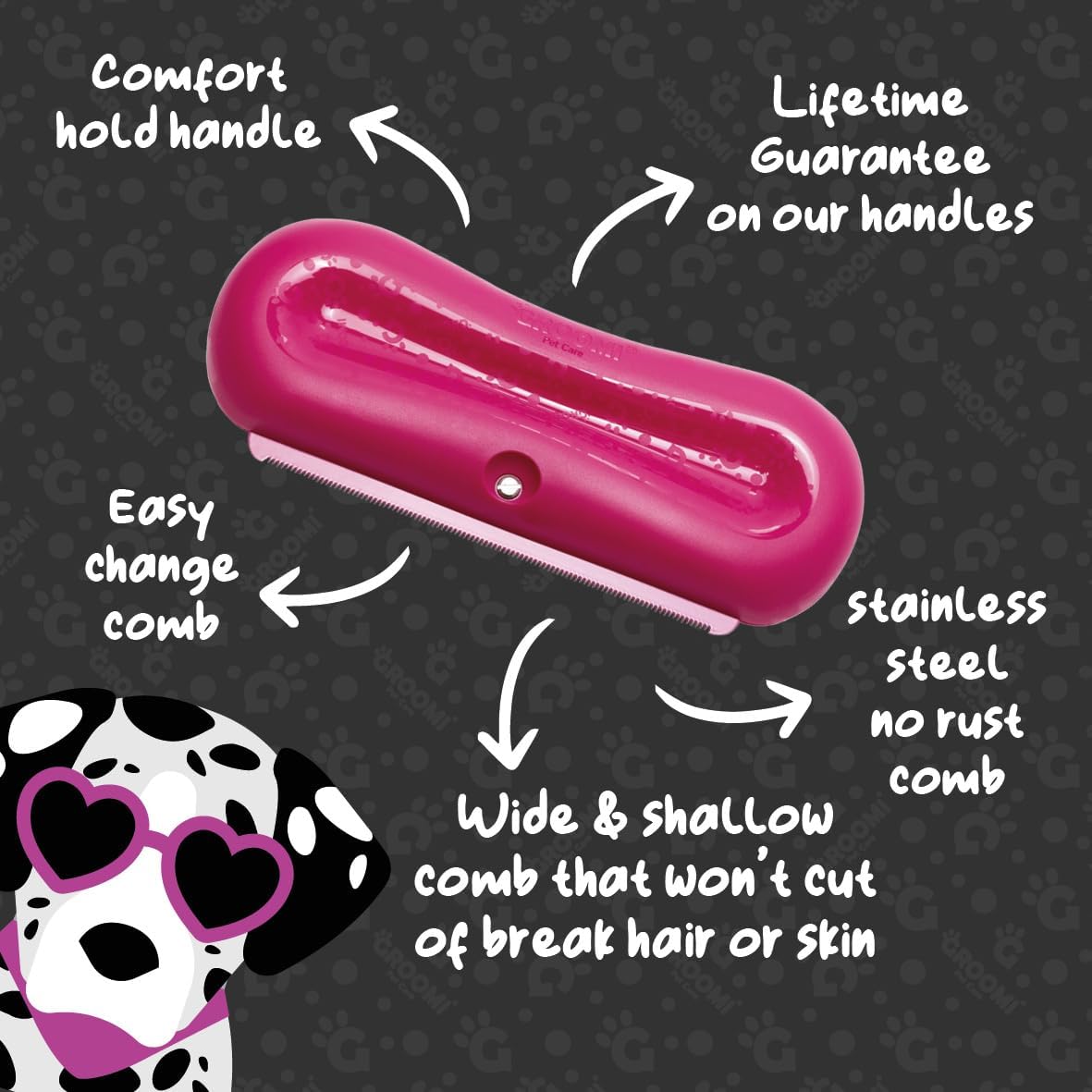 Groomi Deshedding & Grooming Brush for Dogs, Cats, Horses & Rabbits - Gentle & Effective Pet Grooming Tool, Wide Shallow Comb, Smooth Groomer