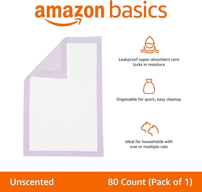 Amazon Basics Cat Pee Pads, Odor Control, Super Absorbent, Disposable, Universal Fit for Litter Box, Unscented, Multi-Cat, White/Purple, 80 Count
