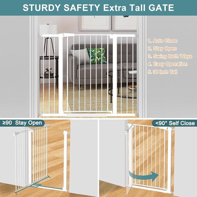Fairy Baby 24.0"-26.7" Inch Narrow Baby Gate, 38" Extra Tall Dog Gate for Stairs & Doorways, Metal Safety Child Gate for Kids and Pets, Pressure Mounted Gate Fence No Drill, White