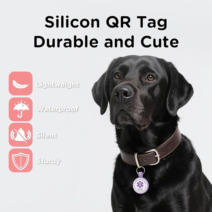 ESA Dog Tag, QR Code Dog Tag, Modifiable Free Pet Online Profile, Scannable QR Code, Scan QR Send Instant Location Alert Email, Silicone Lightweight ID Tag for Dog and Cat (Purple, Small)