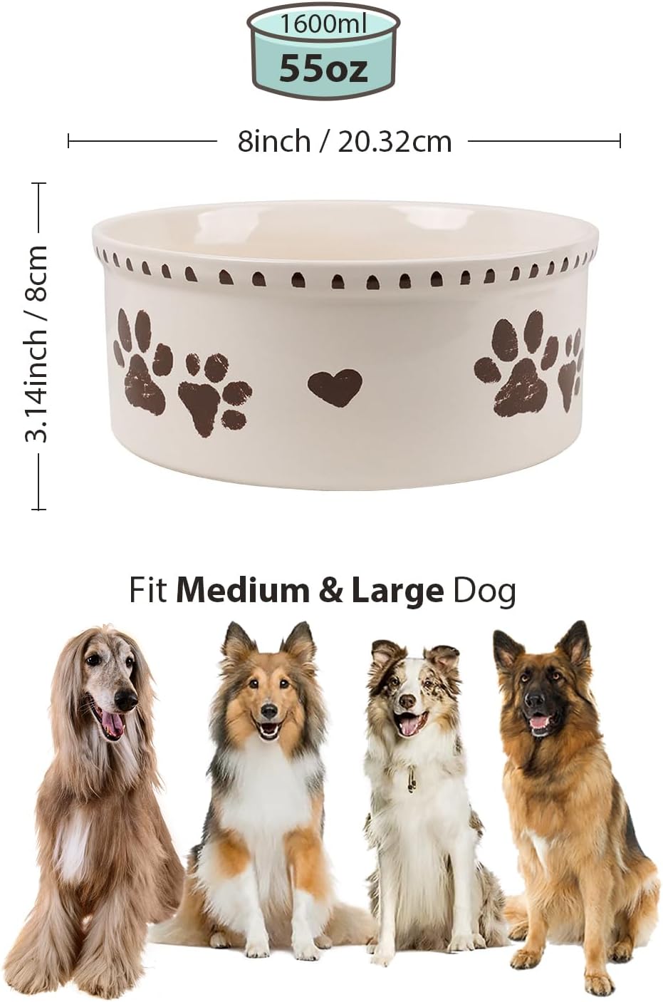 Ceramic Dog Bowl 55oz Heavy Duty Pet Food and Water Bowl for Medium Large Dogs Non Slip Weighted Dog Dish with Paw Print and Heart Design Easy to Clean