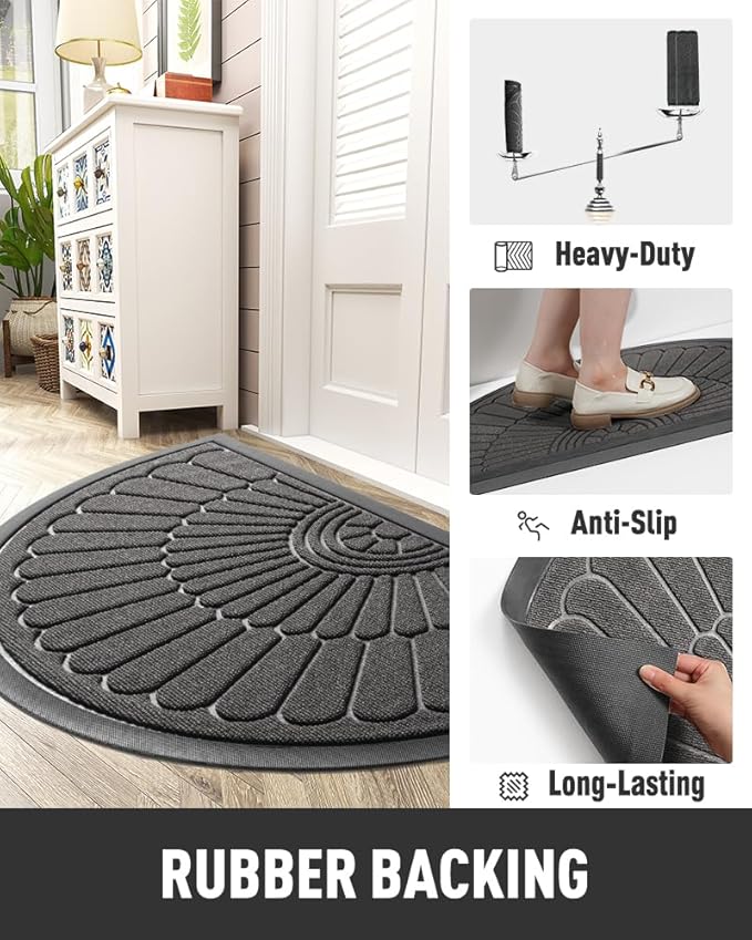 tchdio Door Mat Outdoor Indoor Entrance Doormat-Semicircular Durable Rubber Non Slip Front Door Mat for Outside Inside Entry Entryway Dirt Trapper WelcomeMat for Muddy Paws and Shoes-Grey 24”x36”