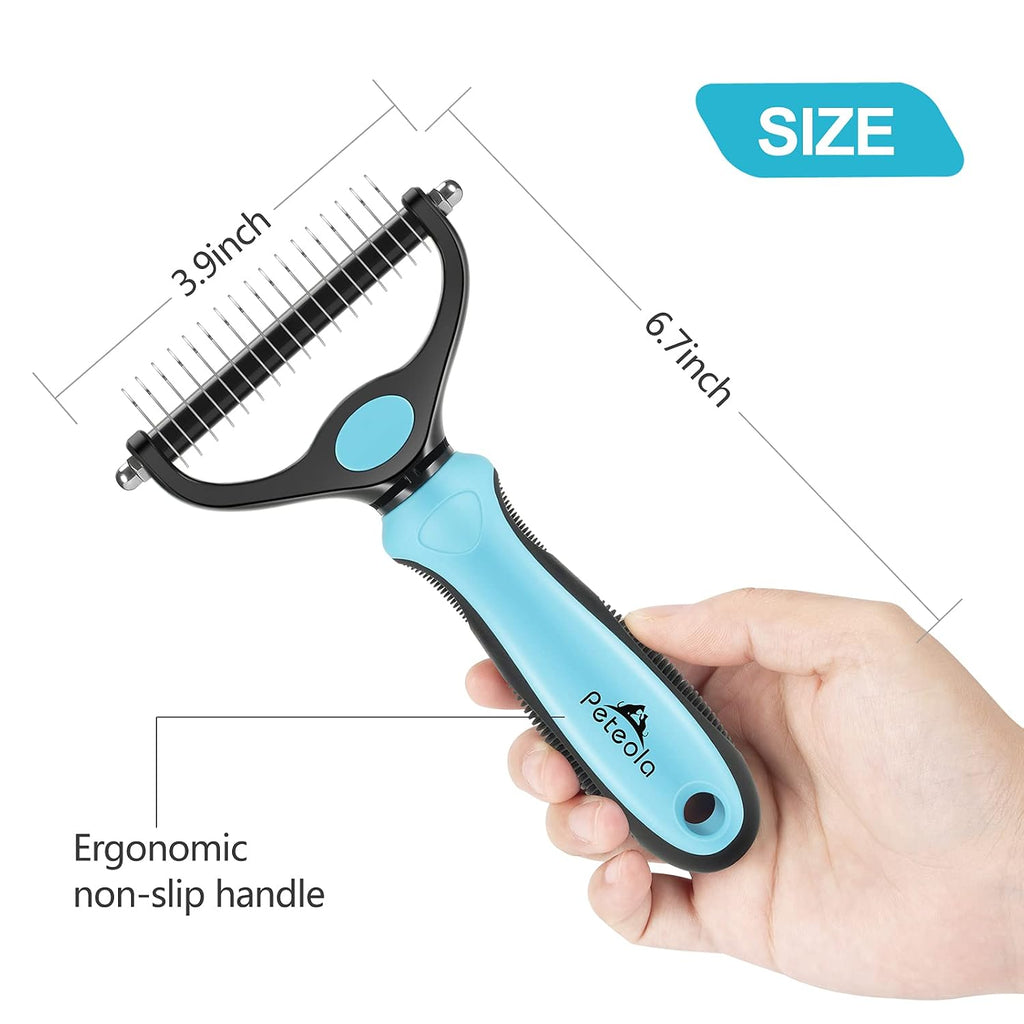 Pet Grooming Brush - 2 Sided Undercoat Rake for Deshedding and Detangling Fur - Safe Shedding Tool for Cats and Dogs (blue)