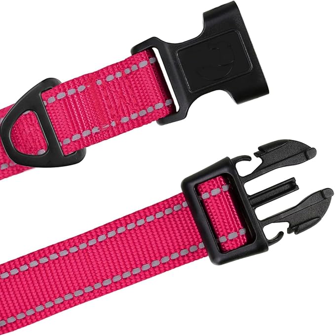 TagME Reflective Nylon Dog Collars, Adjustable Classic Pet Collar with Quick Release Buckle for Large Dogs, Hot Pink, 1.0" Width
