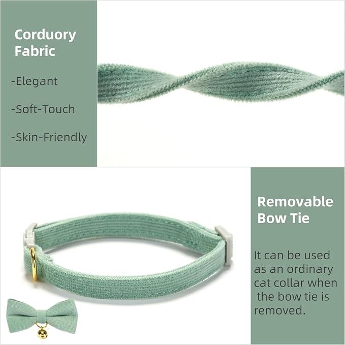 Soft Corduroy Cat Collar, Plaid Pattern, with Bell and Bowtie, Quick Release,Safety Breakaway Clasp, Adjustable for Kitten and Cats.(White+Green)