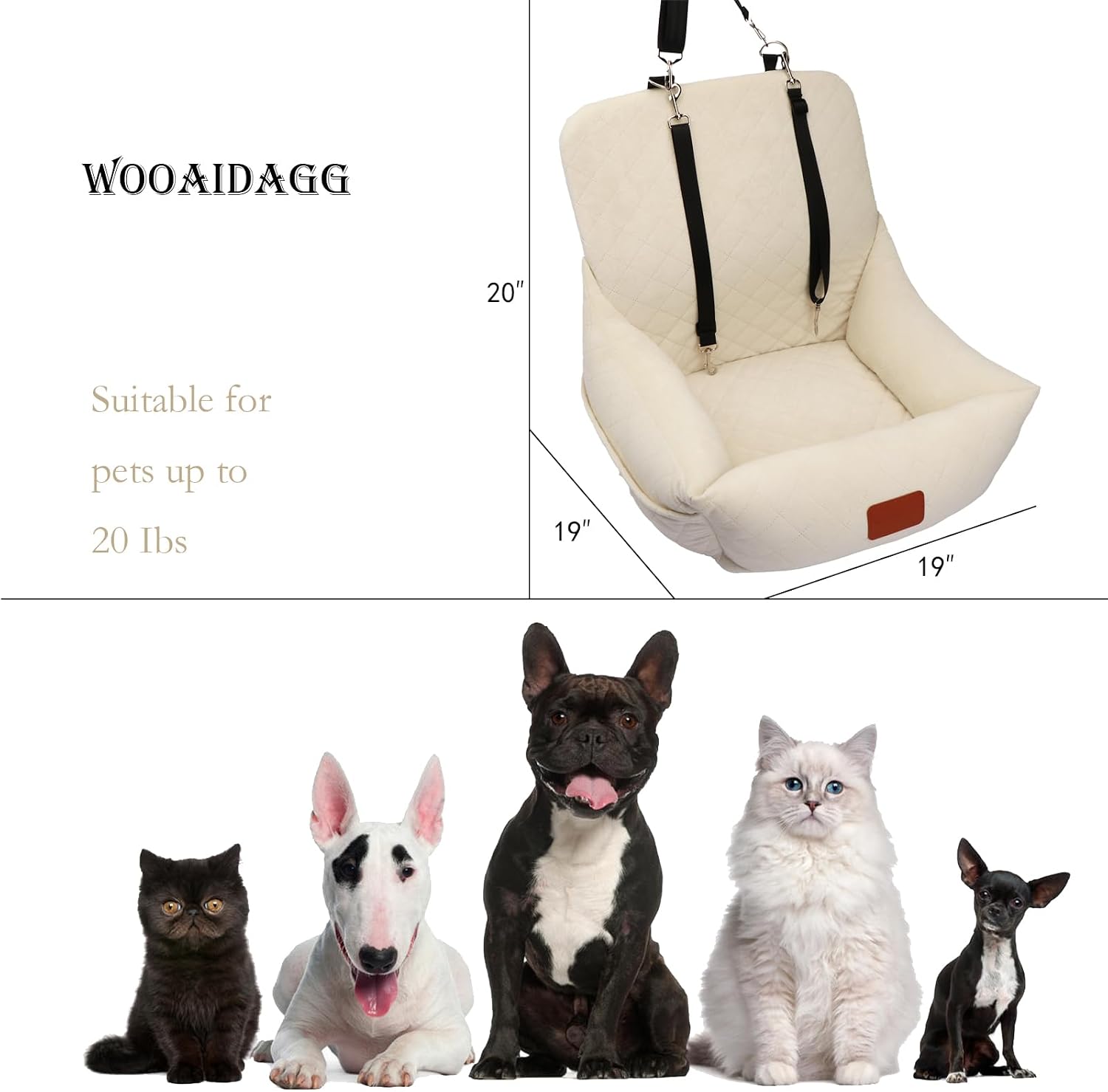 WOOAIDAGG Dog Car Seat for Small Dogs,Ultra-Soft Fabric,2 Storage Pockets & Safety Leash,Adjustable Straps,Easy to Install,Fully Detachable and Washable(Beige)