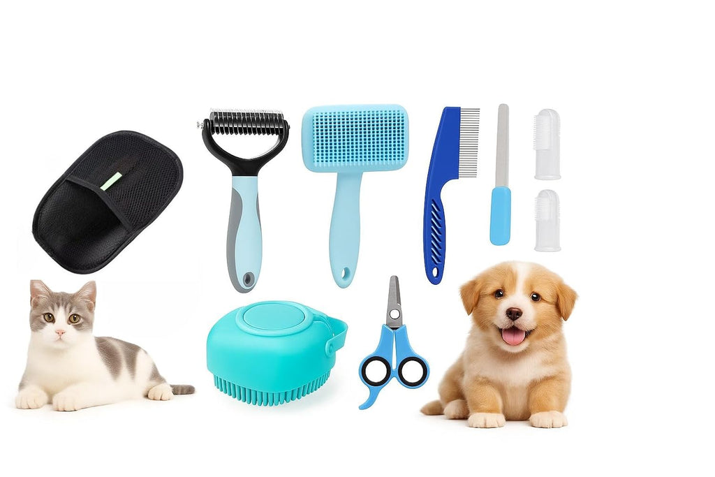 9-in-1 Pet Grooming Kit, Self-Cleaning Slicker Brush, Deshedding Rake, Lint Remover, Nail Clipper & More, Complete Cats & Dog Care Set.