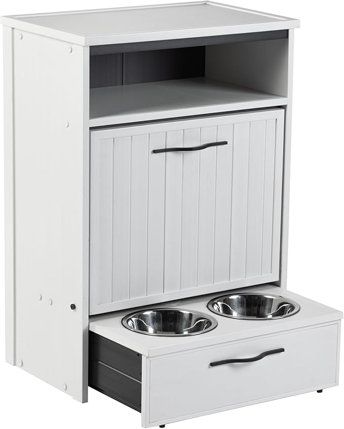 New Age Pet ECOFLEX Brea Dog Food Pantry in Antique White, Two 32 oz Bowls, Moisture Resistant, Easy Assembly, Holds 25 lbs