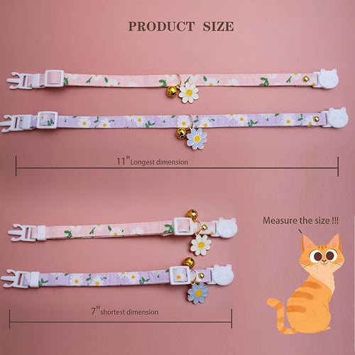 2 Pack Cotton Breakaway Cat Collars with Bell Flower Pendant Kitty Kitten Collars Pink Purple Collar for Female Girl Cats Male Boy Cats