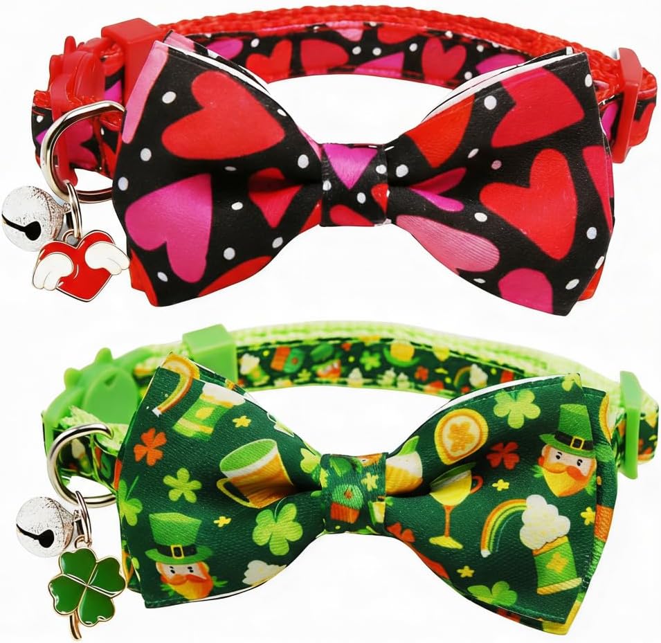 Valentine Day with Hearts, St. Patrick's Day Lucky Clover - Holiday Adjustable Breakaway Collars for Kittens & Kitties
