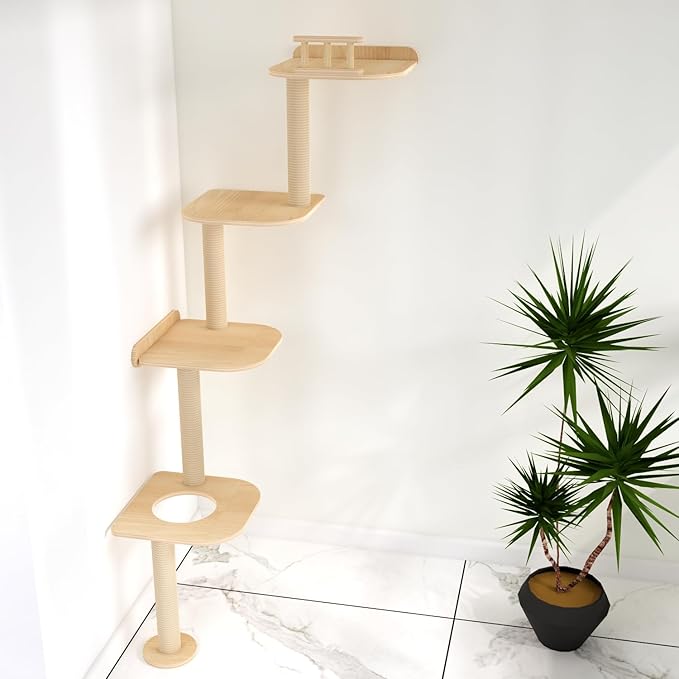Wall-Mounted Tall Cat Tree Cat Scratching Post, Space Saving Floor to Ceiling Cat Tower, Natural Wood Cat Wall Shelves, Corner cat Jumping Platform cat Bed,Suitable for Large Cats