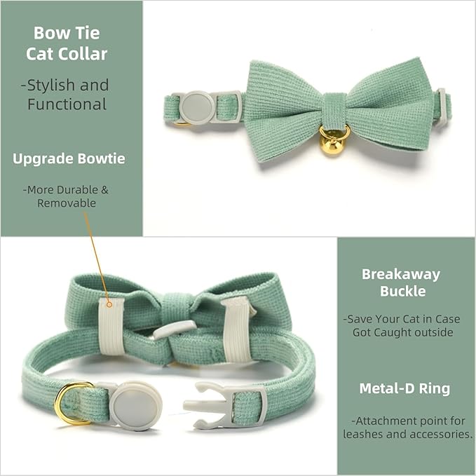 Soft Corduroy Cat Collar, Plaid Pattern, with Bell and Bowtie, Quick Release,Safety Breakaway Clasp, Adjustable for Kitten and Cats.(White+Green)