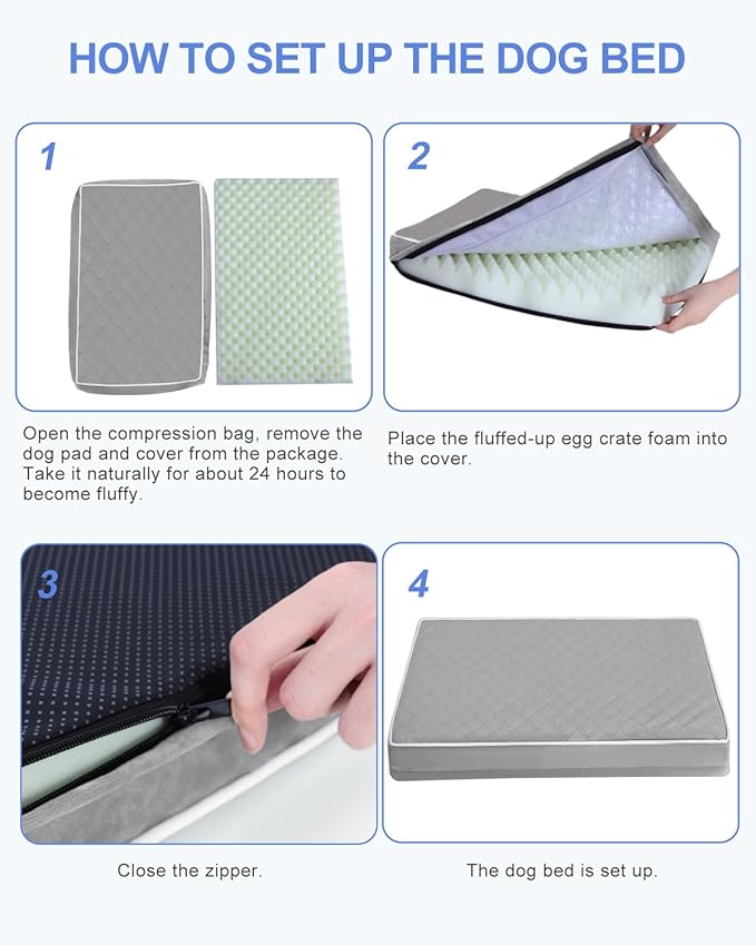 KSIIA Orthopedic Dog Bed for Crate Large Dog Bed with Removable Machine Washable Cover Waterproof Crate Pad with Egg Foam and Non-Slip Bottom, 35x22 Inch, Light Gray