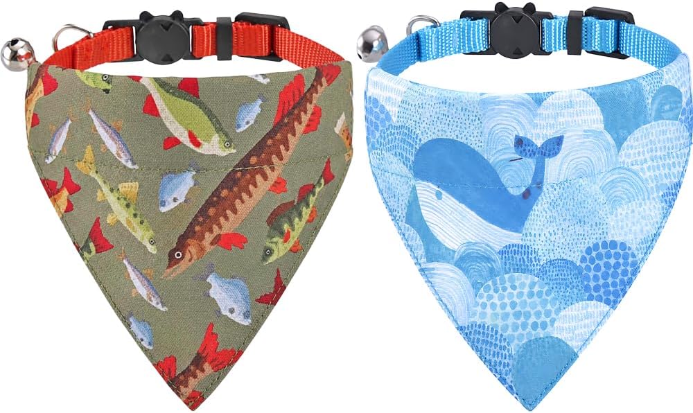 Cat Collars Breakaway with Bandana Bell Fish Pet Kitten Adjustable for Small Dog Puppies
